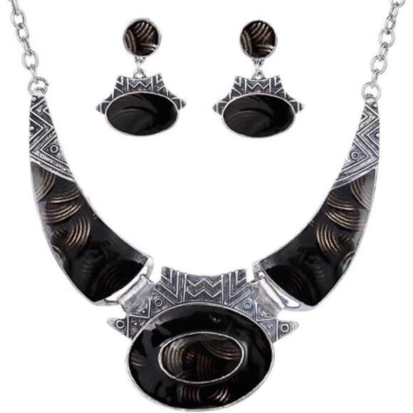 Ethnic Color Embossed Oval Gangle Bib Collar Earrings Necklace Jewelry - Picture 1 of 3